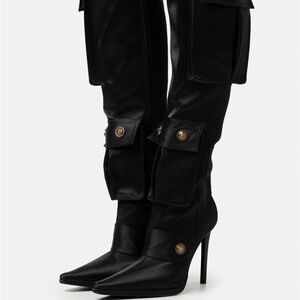 Jeffrey Campbell Pocketed Black Satin Stiletto Heel Embellished Pointed Boot